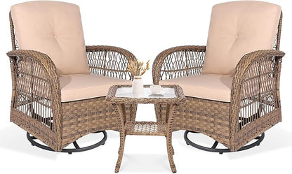 VIVIJASON 3-Piece Outdoor Conversation Bistro Set, Patio Swivel Glider Rocking Chairs Rattan Furniture Sets w/ 2 Rattan Chairs, Cushions, Glass Top Side Table for Porch Backyard, Light Brown