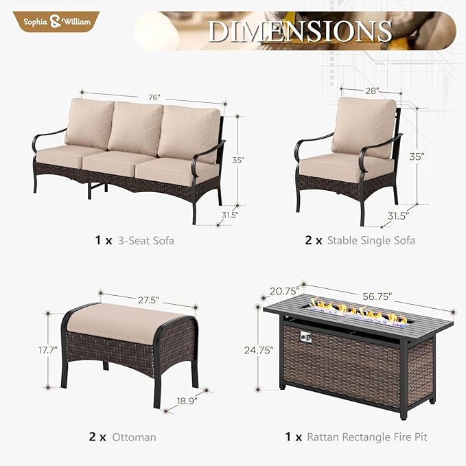 Sophia & William Patio Furniture Set with Fire Pit Table, 6 PCS Metal Outdoor Conversation Set with Fire Pit Table, 2 Sofa Chairs,2 Ottoman, 3-Seater Couch for Outdoor Seating, Backyard, Porch(Beige)