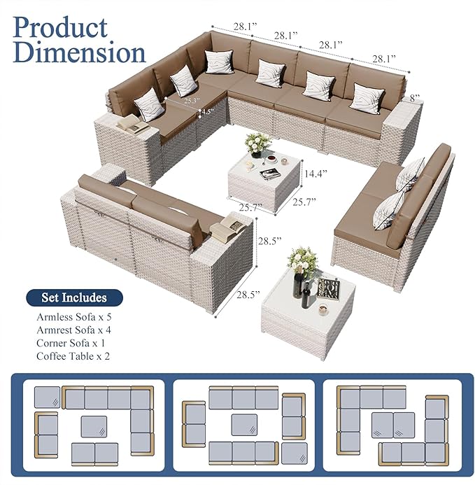 12-Piece Patio Furniture Set, Outdoor Extra Wide Armrest Modular Patio Sofa, Dual-Strand Rattan Wicker, Rust-Resistant Frame, Backyard High Back, Large Seat Furniture for Porch Garden Balcony, Khaki