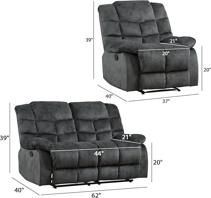 EBELLO Manual Recliner Couch Set, Soft Fabric Reclining Living Room Set, Included SinglAe Recliner Chair and Loveseat Sofa, Grey Green