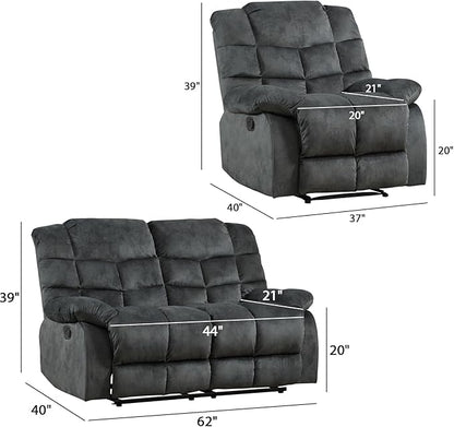 EBELLO Manual Recliner Couch Set, Soft Fabric Reclining Living Room Set, Included SinglAe Recliner Chair and Loveseat Sofa, Grey Green