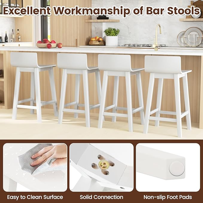COSTWAY Solid Wood Bar Stools Set of 2, 24.5-inch Counter Height Chairs with Low Back and Footrest, Farmhouse Wooden Armless barstools for Kitchen Island, Dining Room, Cafe, Breakfast, White