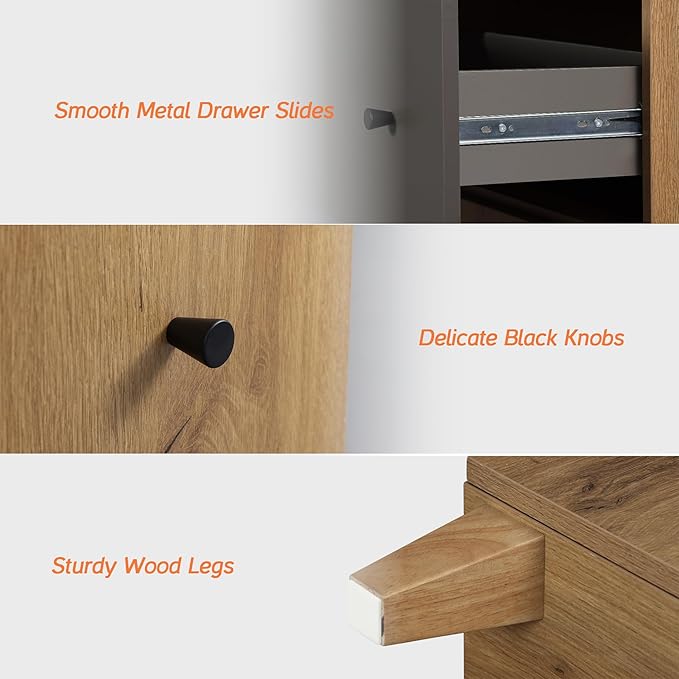 WAMPAT Set of 2 Storage Cabinets for Living Room, Modern Wood Accent Cabinets Sideboard with Drawers, Doors, and Adjustable Shelves for Dining Room, Kitchen, Entryway, Oak Brown & Dark Grey