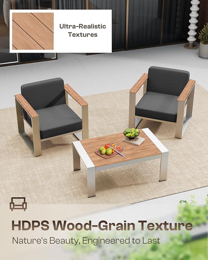 Aluminum Outdoor Furniture Set, 4 Seats Outdoor Patio Conversation Sets with Ergonomic Seat and Wide Thick Cushions, Modern Patio Sectional Furniture for Balcony, Porch (Teak-Charocal)