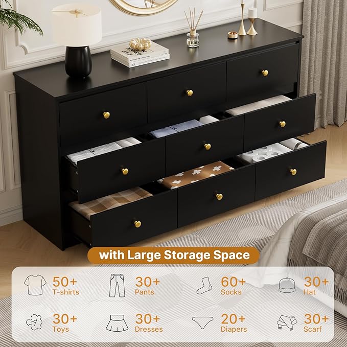 9 Drawer Dresser for Bedroom, 59" Wide Black Chest of Drawers, Wooden Dresser with 9 Drawers with Ample Storage, Modern Storage Organizer for Hallway,Nursery