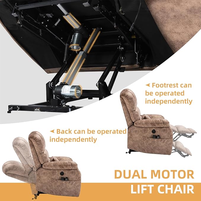 Tall Man Oversized Dual Motor Power Lift Recliner w/Heat Massage, Large Lay Flat Sleeper Electric Recliner with Extended Footrest for Elderly, Lumbar Pillow, USB & Type-C Ports, Plush-Brown