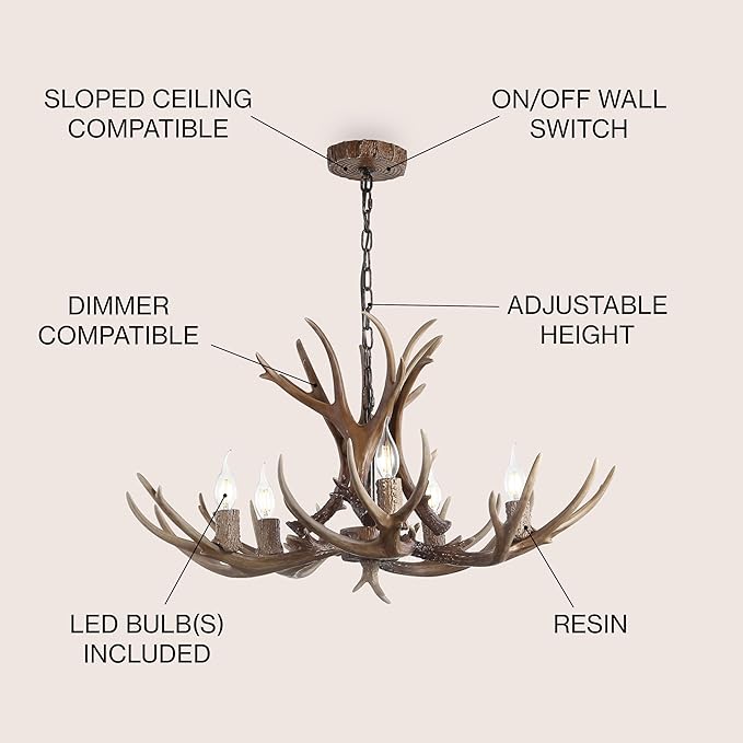 JONATHAN Y JYL6300A Eldora 30" Adjustable Resin Antler 5-Light LED Chandelier, Glam, Rustic,Cottage,Transitional, Dimmable Dining Room, Living Room, Kitchen, Foyer, Bedroom, Brown
