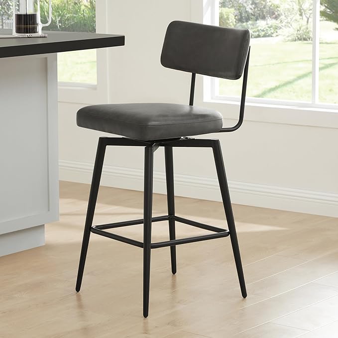 Watson & Whitely Swivel Counter Height Bar Stool Chairs Set of 2, 27.4" Faux Leather Upholstered Counter Stools with Back and Metal Frame, Grey