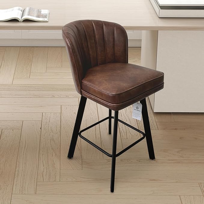 Swivel Counter Height Bar Stools Set of 4, 26'' Modern Barstools with Backs and Metal Legs, Upholstered Bar Chairs, Faux Leather Brown Stools for Kitchen Island Chairs