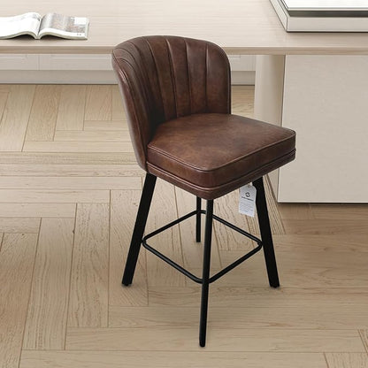 Swivel Counter Height Bar Stools Set of 4, 26'' Modern Barstools with Backs and Metal Legs, Upholstered Bar Chairs, Faux Leather Brown Stools for Kitchen Island Chairs