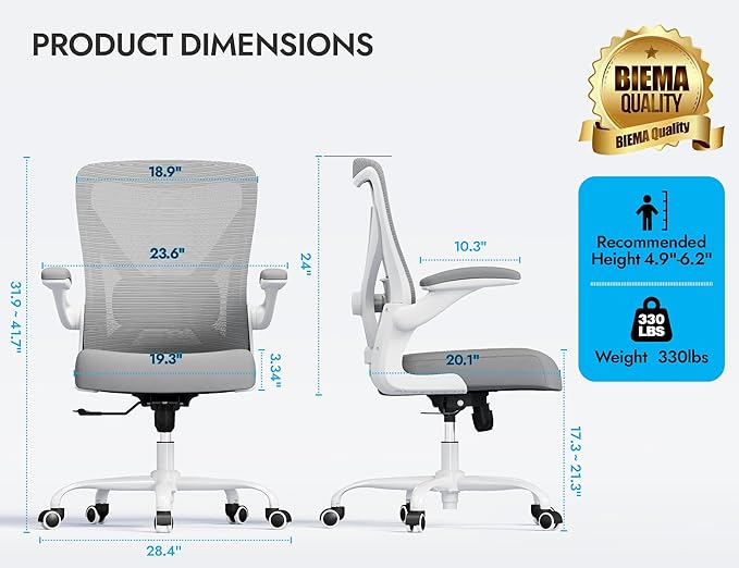 Ergonomic Office Chair - X-Shaped Computer Desk Chairs Comfy, Mesh High-Back Gaming Chair with Adjustable Lumbar Support, Executive Task Chair for Adults, Comfortable for Long Hours (White Grey)