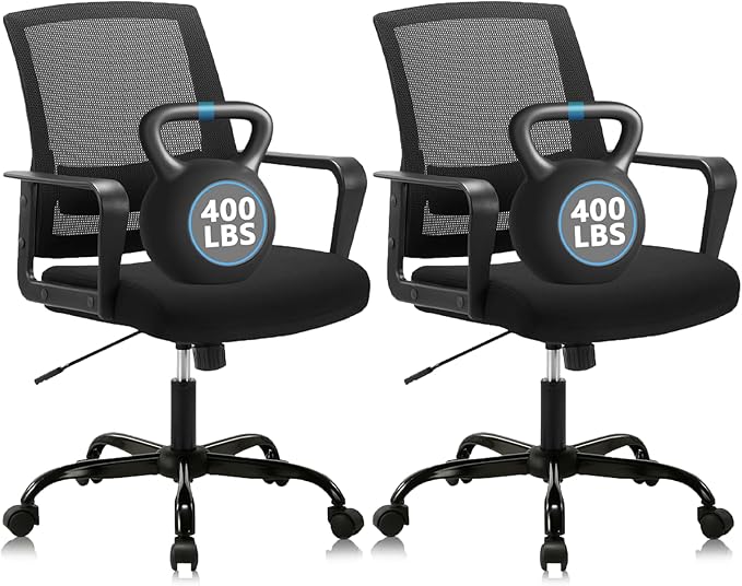 CLATINA Ergonomic Desk Chair, Mid Back Mesh Computer Chair with Lumbar Support and Armrest, Height Adjustable Swivel Chair for Home Office, Black (2PK)