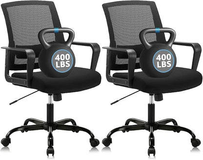 CLATINA Ergonomic Desk Chair, Mid Back Mesh Computer Chair with Lumbar Support and Armrest, Height Adjustable Swivel Chair for Home Office, Black (2PK)