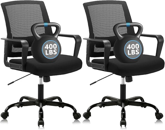 CLATINA Ergonomic Desk Chair, Mid Back Mesh Computer Chair with Lumbar Support and Armrest, Height Adjustable Swivel Chair for Home Office, Black (2PK)