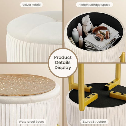 18-Inch Velvet Vanity Stool Chair with Storage, Vanity Bench with 4 Golden Metal Legs & Anti-Slip Adjustable Feet,Round Storage Ottoman Stool with Removable Soft Padded Seat, Beige
