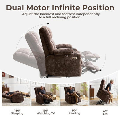 Oversized Power Recliner Chair for Elderly with Massage and Heat, Dual Motor Lay Flat Recliner with Arm Storage，Lift Chair for Big Tall, Infinite Position,Extended Footrest, Coffee