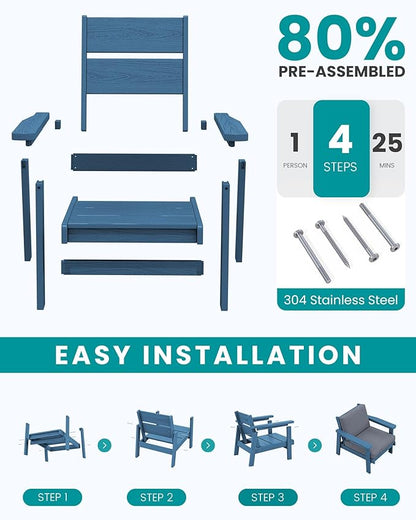 SERWALL Outdoor Patio Furniture Set, 5 Piece HDPE Patio Conversation Sets, All-Weather Wood-Like Outdoor Couch Loveseat and Coffee Table with Thick Cushions for Porch Balcony Garden Backyard