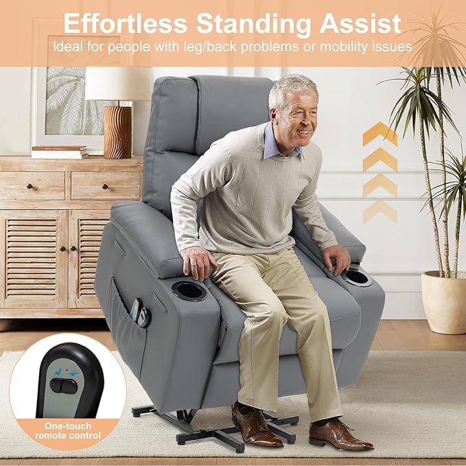 Power Lift Recliner Chair for Elderly, Electric Stand Assist Reclining Chair with Massage and Heat Function, Leather Living Room Furniture, Comfy Single Sofa with Cup Holders, Side Pockets, Gray