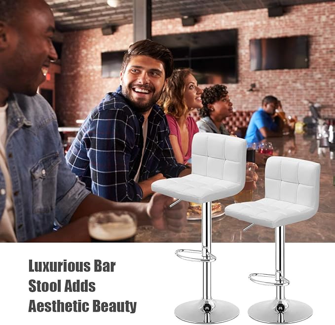 COSTWAY Bar Stools Set of 2, Modern Swivel Adjustable Height PU Leather Barstools with Back, Square Armless Counter Height 2-Pack Bar Chair for Kitchen Island Dining Living Bistro Pub Counter, White