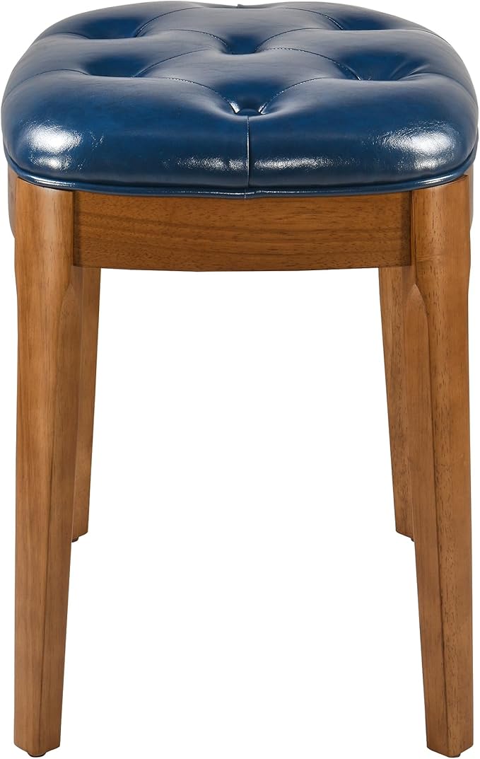 MODERION Vanity Bench Stool with Upholstered, Modern Luxury Wood Stool ,Ottoman Shoe Bench for Living Room, Vanity, Entryway, 19.3"L x 14.9"W x 19.3"H Easy Assembly, Beeswax Leg & Blue Seat FD-HNY-BL