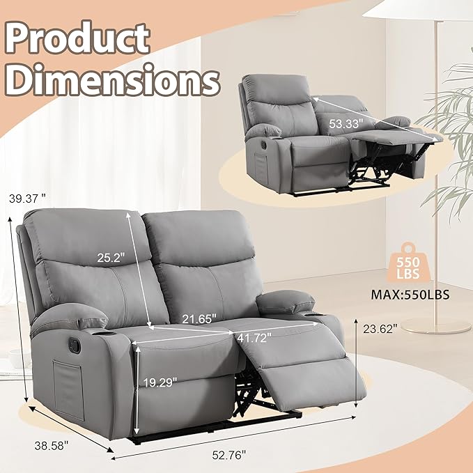 Manual Reclining Loveseat Anti-Scratch Loveseat Recliner Sofa with Side Pocket and Cupholders Wall Hugger 2 Seat Reclining Sofa Chair for RV Living Room Meeting Room Bedroom Apartment