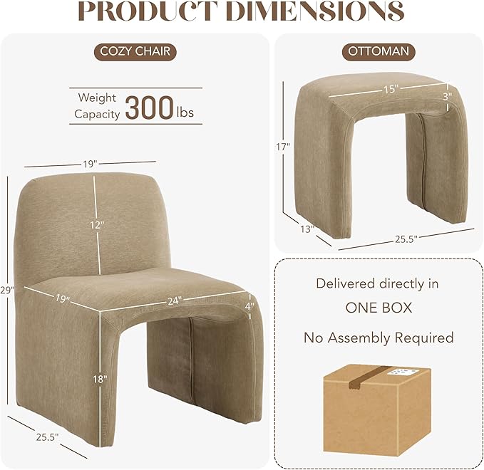 Accent Reading Chair with Ottoman, Chenille Upholstered Comfy Armless Accent Chair with Footrest Modern Side Lounger for Living Room Bedroom, Khaki