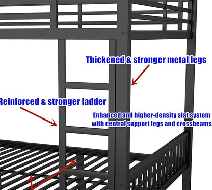 Higher Quality & Stronger Heavy Duty Industrial Style Metal Queen Over Queen Bunk Bed, Thickened More Stable Black Steel Bunkbed Bunk Queen Bed (Easier to Assemble)