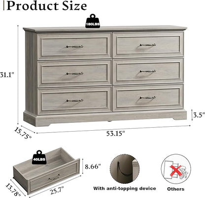 Farmhouse 6 Drawers Dresser for Bedroom, 54" Wide Modern Chest of Drawers with Deep Drawers & Bar Handles, Rustic Wood Dresser TV Stand, Wooden Closet Storage Organizer for Living Room, Hallway, Grey