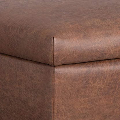 SIMPLIHOME Rebecca 48 inch Wide Mid Century Modern Rectangle Large Coffee Table Storage Ottoman with Lift up Lid in Distressed Saddle Brown Faux Leather for The Living Room, Entryway and Family Room