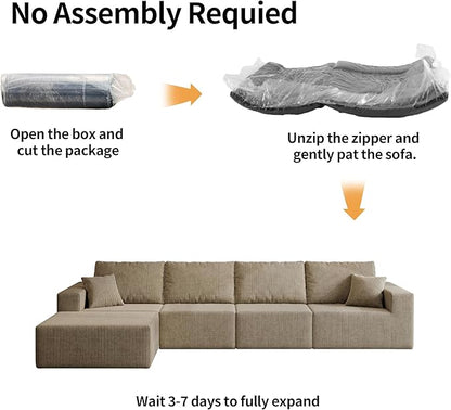 139" Boneless Cloud Sectional Couch for Living Room, Compressed Modular L-Shaped Sofa with Deep Seat, Frameless Corduroy Couch in Boxes, No Assembly Required 4-Seater (Left-Facing Chaise, Grey)