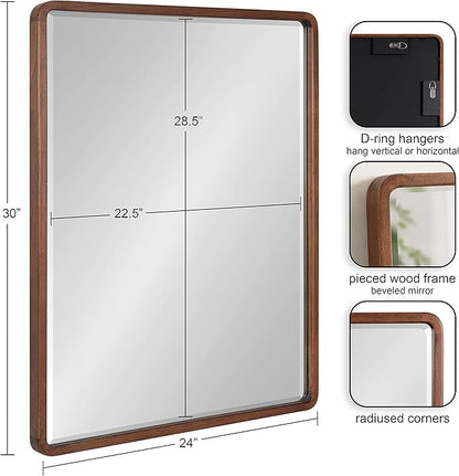 Kate and Laurel McLean Modern Wood Framed Rounded Rectangle Wall Mirror; 24 x 30; Walnut Brown; Decorative Round Rectangular Mirror for Contemporary Wall Decor