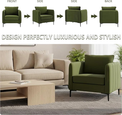 Velvet Accent Chair, Comfy Upholstered Single Sofa Chair Mid-Century Modern Armchair with Thick Cushion and Wood Frame Side Chair for Living Room Bedroom Apartment (Green)