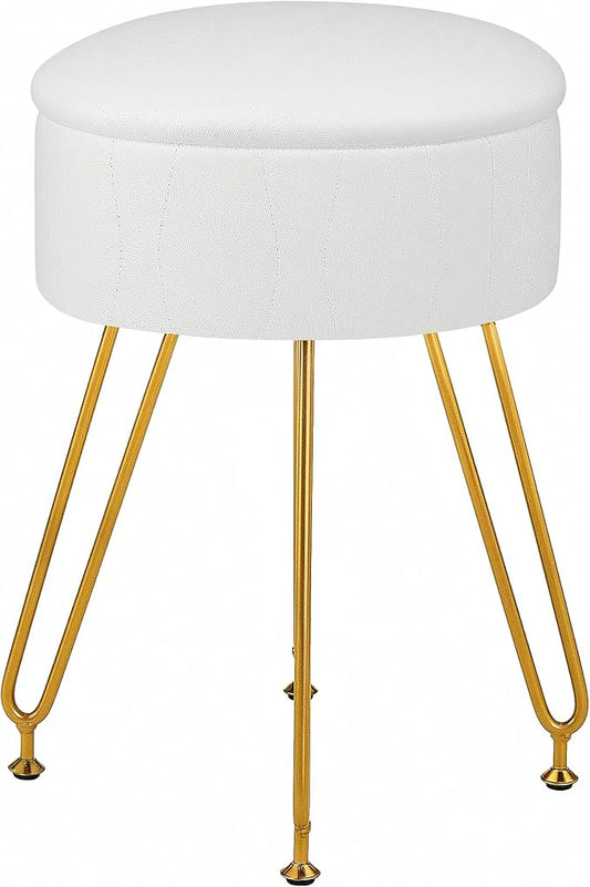 VECELO Vanity Stool with Storage, Velvet Chair for Vanity, Strong Metal Legs, Anti-Slip Feet, Padded Seat for Make Up, Bedroom, Living Room, Entryway, White