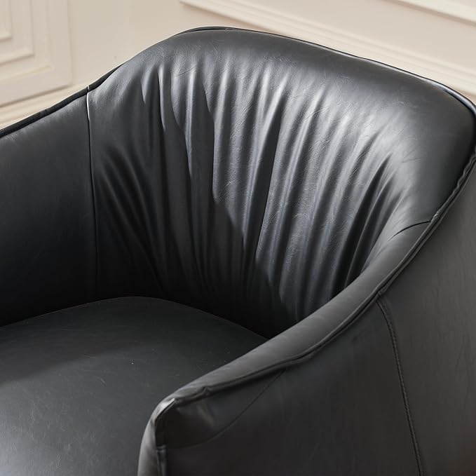 KINWELL 33" W Faux Leather Barrel Chairs Set of 2 with Hand-Tufted Pleated Back Flared Arms, Modern PU Upholstered Accent Chairs with Metal Legs, Large Armchairs Lounge Chairs for Living Room, Black