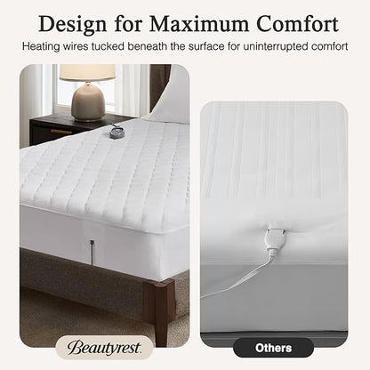 Beautyrest Cotton Heated Mattress Pad - Bed Warmer with 20 Heat Settings Controller, Auto Shut Off Timer, All Around Elastic Deep Pocket, UL Certified, Machine Washable, White Queen