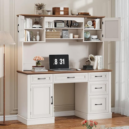 67" H Farmhouse Executive Desk with Hutch. Wood Workstation with 5 Drawers, Storage Cabinet, File Drawers and Charging Station, Ideal as Office Desks, Computer Desk for Home Office and Study