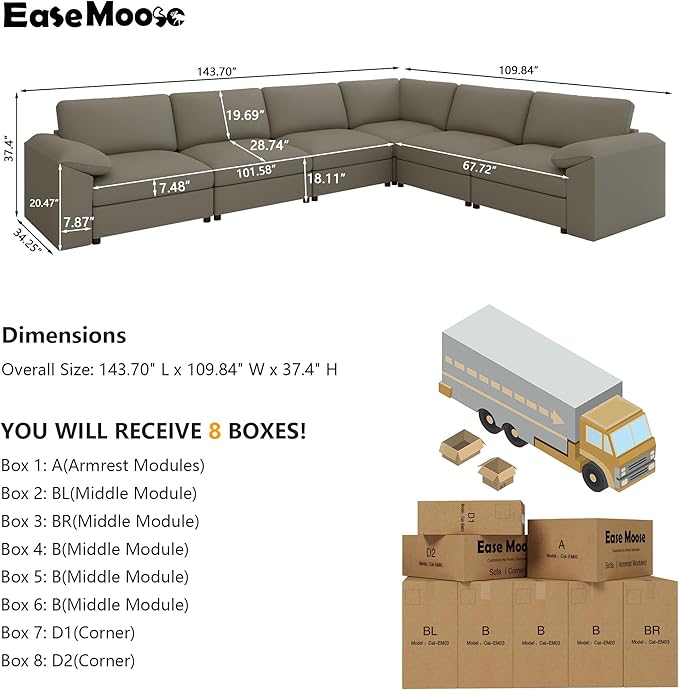 EASE MOOSE Leather Sectional Couch, Oversized Modular Sectional Sofas, Wide Deep Seat Modular Couch, Scratch Resistant Faux Leather Material, L Shaped Sofa for Big Spaces, Light Grey