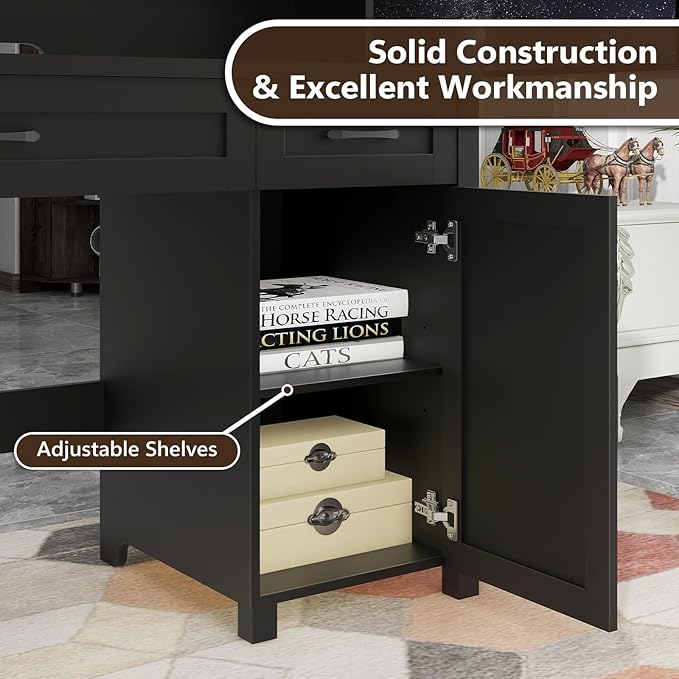 Vabches Farmhouse 47" Executive Desk, Computer Desk with 2 Drawers, Storage Cabinet and LED Light,Charging Hub, Home Office Desk with Hutch, Workstation for Home Office and Study(Pure Black