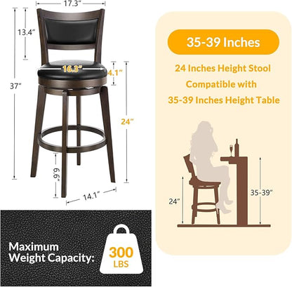 PrimeZone Swivel Bar Stools Set of 8, 24 Inch Counter Height Barstools, Black Faux Leather Bar Stool with High Backrest & Solid Wood Legs & Wrap-around Footrest, Counter Stools for Kitchen Island, Pub