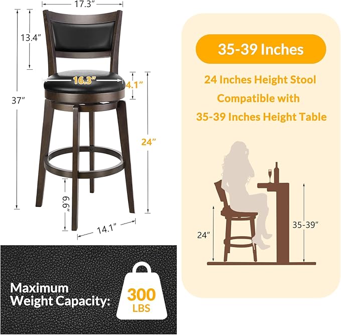 PrimeZone Swivel Bar Stools Set of 4, 24 Inch Counter Height Barstools, Black Faux Leather Bar Stool with High Backrest & Solid Wood Leg & Wrap-Around Footrest, Counter Stools for Kitchen Island, Pub