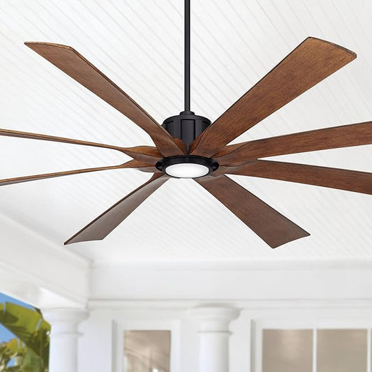 Possini Euro Design 80" Defender Modern Industrial Outdoor Ceiling Fan with Dimmable LED Light Remote Control Matte Black Damp Rated for Patio Exterior House Home Porch Gazebo Garage Barn