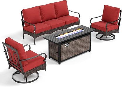 PHI VILLA Patio Furniture Set with 56" Fire Pit Table, Premium Outdoor Wicker Metal Frame Furniture with Upgraded Waterproof Thick Cushions for Porch, Poolside, Deck, and Yard （4 Pieces,Red