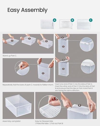 SONGMICS Shoe Boxes, Pack of 18 Shoe Storage Organizers, Stackable Clear Plastic Boxes for Closet, Sneakers, 13.1 x 9.1 x 5.6 Inches, Transparent and White ULSP18SWT