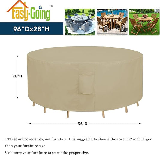 Easy-Going Round Patio Furniture Cover Waterproof Outdoor Dining Table and Chair Cover Anti-UV Outside Sectional Sofa Set Covers (96"DIA x 28"H, Camel)