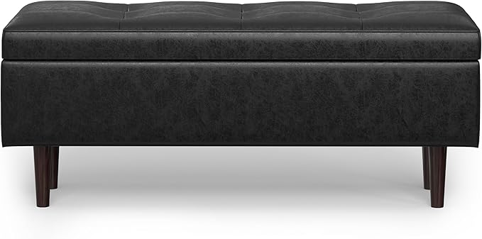 SIMPLIHOME Shay 48 inch Wide Mid Century Modern Rectangular Storage Ottoman in Distressed Black Vegan Faux Leather, Assembled, for The Living Room, Entryway and Family Room