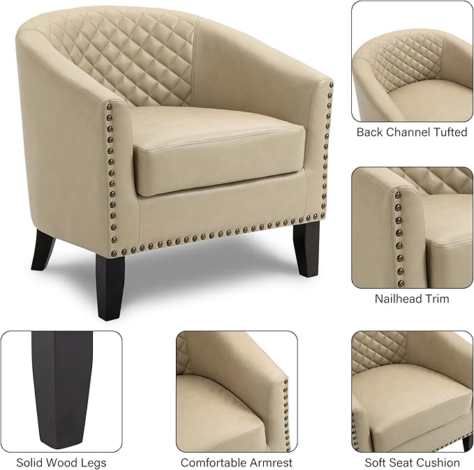 Pia Ricco Faux Leather Barrel Accent Chairs Set of 4, Modern Club Arm Chair Comfy Upholstered Single Sofa Chair with Solid Wood Legs and Nailhead Trim for Living Room/Reading Room, Beige