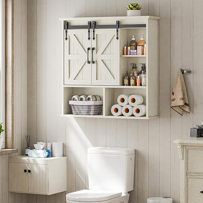 Vabches Bathroom Wall Cabinet, Farmhouse Medicine Cabinet with Double Sliding Barn Door and Adjustable Shelves, Wooden Vintage Storage Cabinet Wall Mounted for Bathroom, Kitchen Dining, White