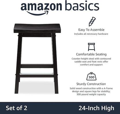 Amazon Basics Solid Wood Saddle-Seat Kitchen Counter Barstool with Footrest, Easy Assembly - 24-Inch Height - Black - Set of 2