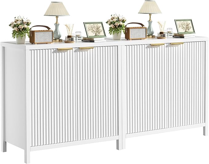 Sideboard Buffet Cabinet Set of 2, 31" Fluted Storage Cabinet with 2 Doors and Adjustable Shelves, Modern Sideboard Console Table for Living Room,Entryway,Dinning Room,Kitchen-White