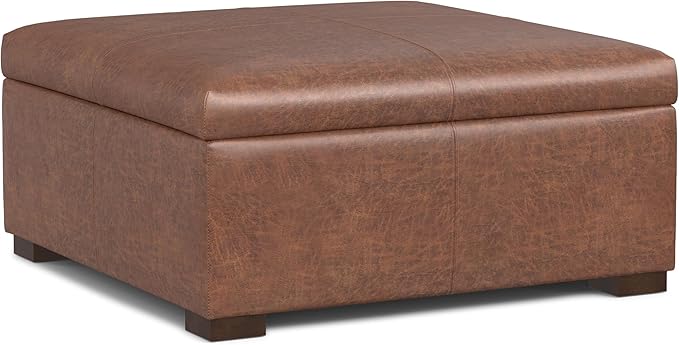 SIMPLIHOME Gabbie 36 inch Wide Contemporary Square Square Coffee Table Storage Ottoman in Distressed Saddle Brown Vegan Faux Leather, Assembled, for The Living Room, Entryway and Family Room